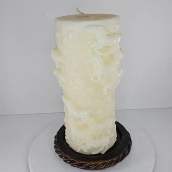 Decorative White Pillar Candle With Running Horses Design